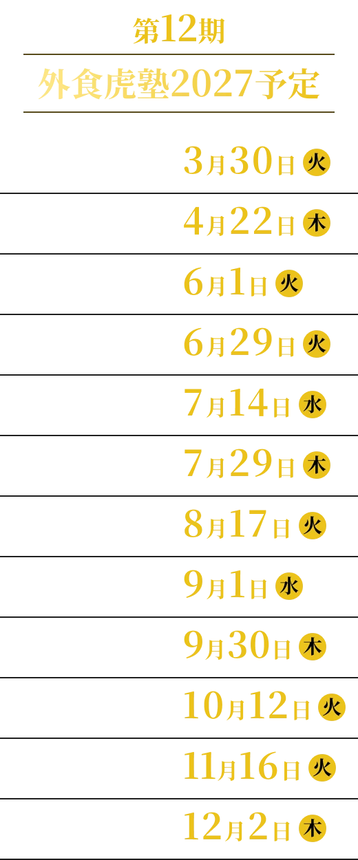 外食虎塾2027予定一覧